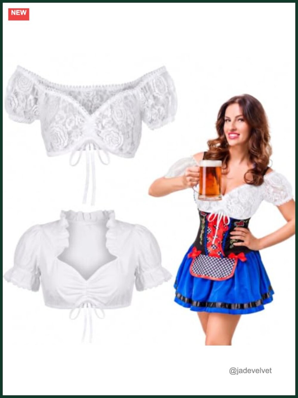 2 Pcs Women Oktoberfest Dirndl Blouse Crop Top Puff Sleeve Bavarian Costume M